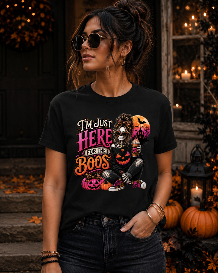 I’m Just Here for the Boos Women’s Halloween T-Shirt | Cute Skeleton Pumpkin Graphic Tee