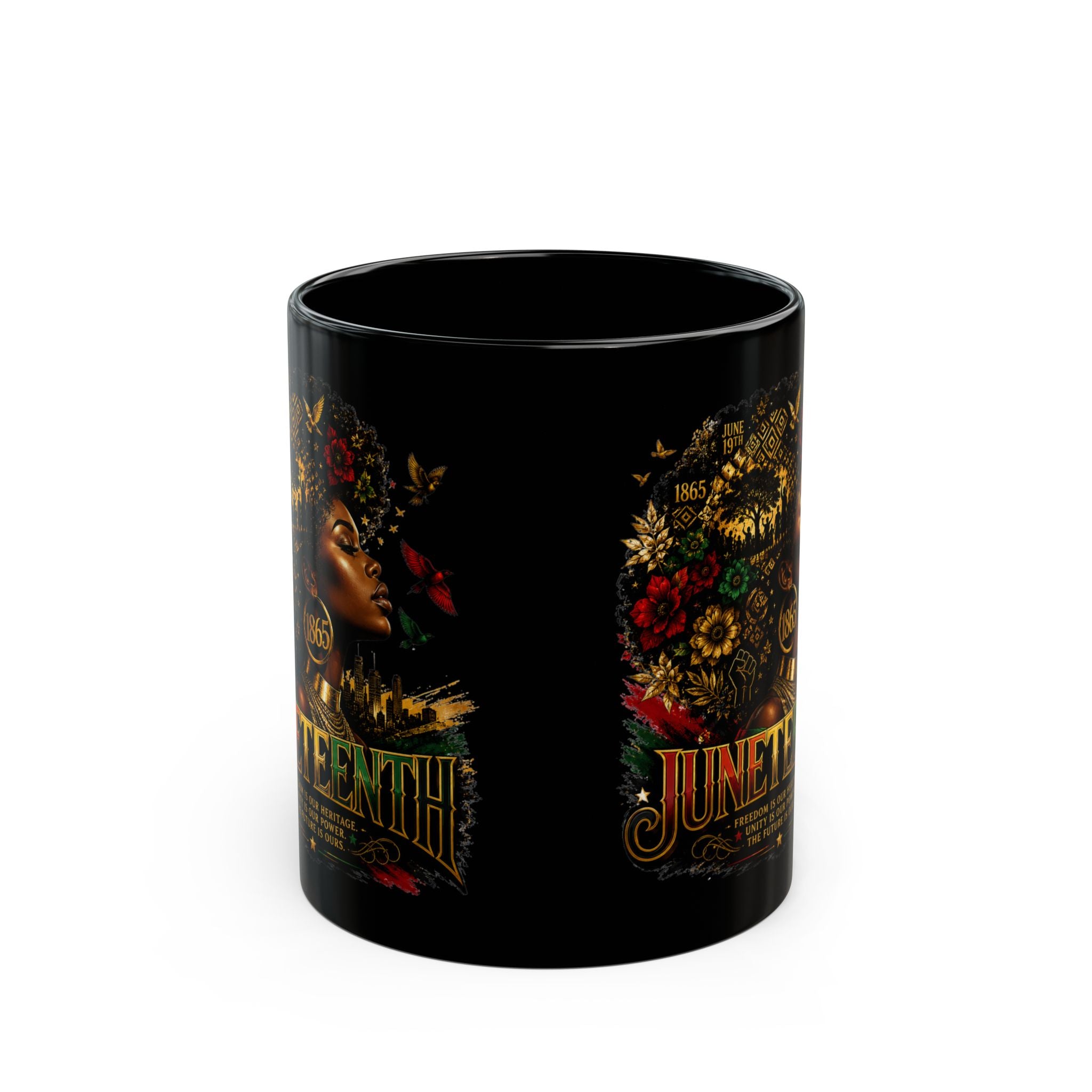 Juneteenth Celebration Mug | Black Heritage Coffee Cup with Afro Floral Portrait (11oz/15oz) | Juneteenth 1865 Heritage Mug | Premium Black Ceramic Coffee Mug