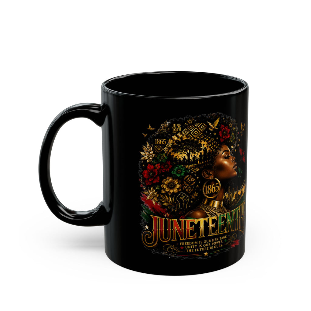 Juneteenth Celebration Mug | Black Heritage Coffee Cup with Afro Floral Portrait (11oz/15oz) | Juneteenth 1865 Heritage Mug | Premium Black Ceramic Coffee Mug