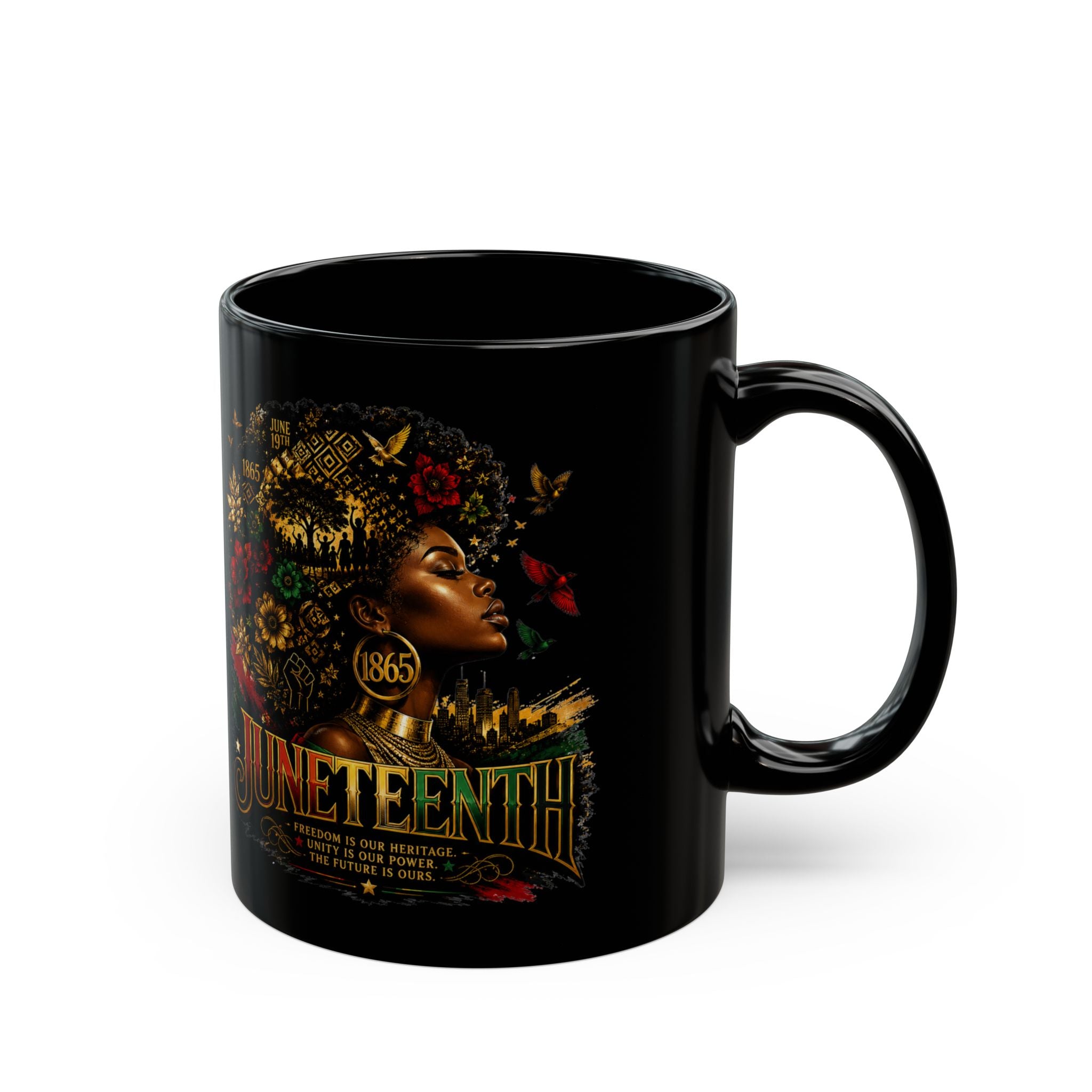 Juneteenth Celebration Mug | Black Heritage Coffee Cup with Afro Floral Portrait (11oz/15oz) | Juneteenth 1865 Heritage Mug | Premium Black Ceramic Coffee Mug