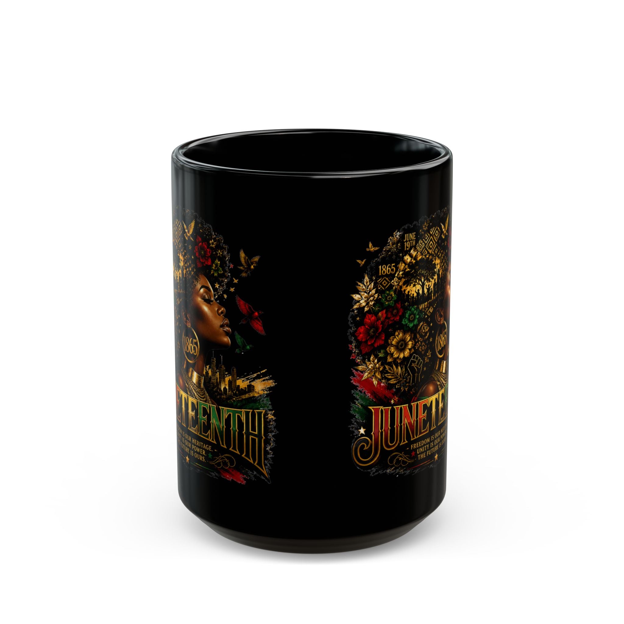 Juneteenth Celebration Mug | Black Heritage Coffee Cup with Afro Floral Portrait (11oz/15oz) | Juneteenth 1865 Heritage Mug | Premium Black Ceramic Coffee Mug