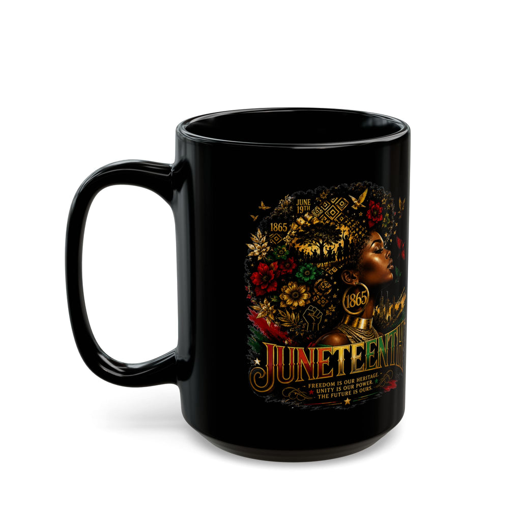 Juneteenth Celebration Mug | Black Heritage Coffee Cup with Afro Floral Portrait (11oz/15oz) | Juneteenth 1865 Heritage Mug | Premium Black Ceramic Coffee Mug