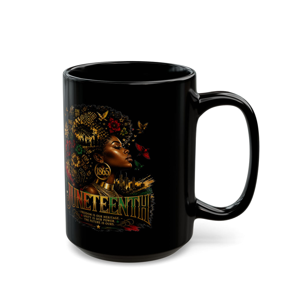 Juneteenth Celebration Mug | Black Heritage Coffee Cup with Afro Floral Portrait (11oz/15oz) | Juneteenth 1865 Heritage Mug | Premium Black Ceramic Coffee Mug