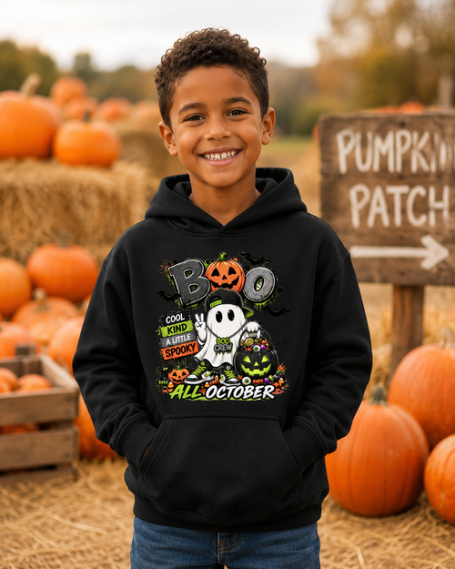A smiling young boy stands in a pumpkin patch wearing a black pullover hoodie with a colorful Halloween graphic on the front. The graphic features the word 'BOO' with jack-o'-lanterns, a ghost, a pumpkin, and the text 'COOL KIDDING SPOOKY ALL OCTOBER'.