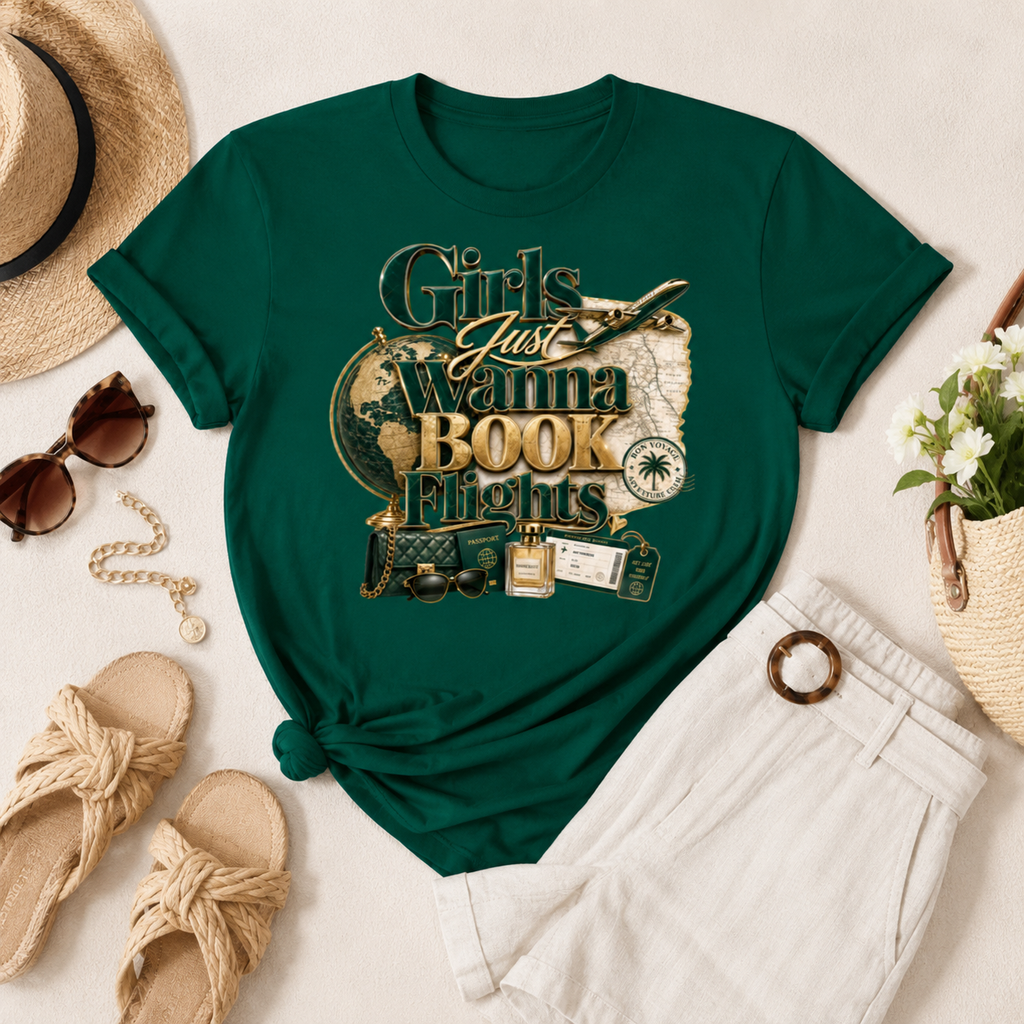 Girls Just Wanna Book Flights Travel T-Shirt | Bella + Canvas