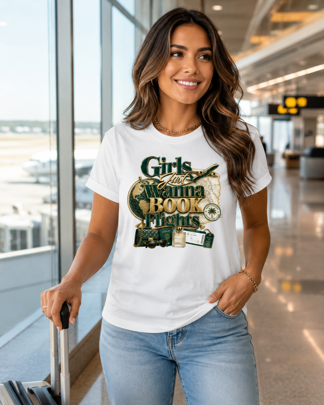 Girls Just Wanna Book Flights Travel T-Shirt | Bella + Canvas