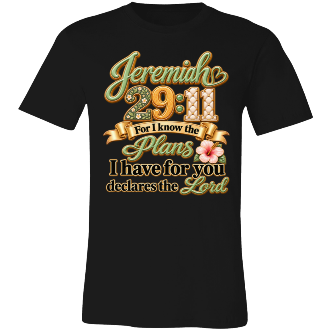 Vintage Black tee with green-and-gold Jeremiah 29:11 floral scripture design