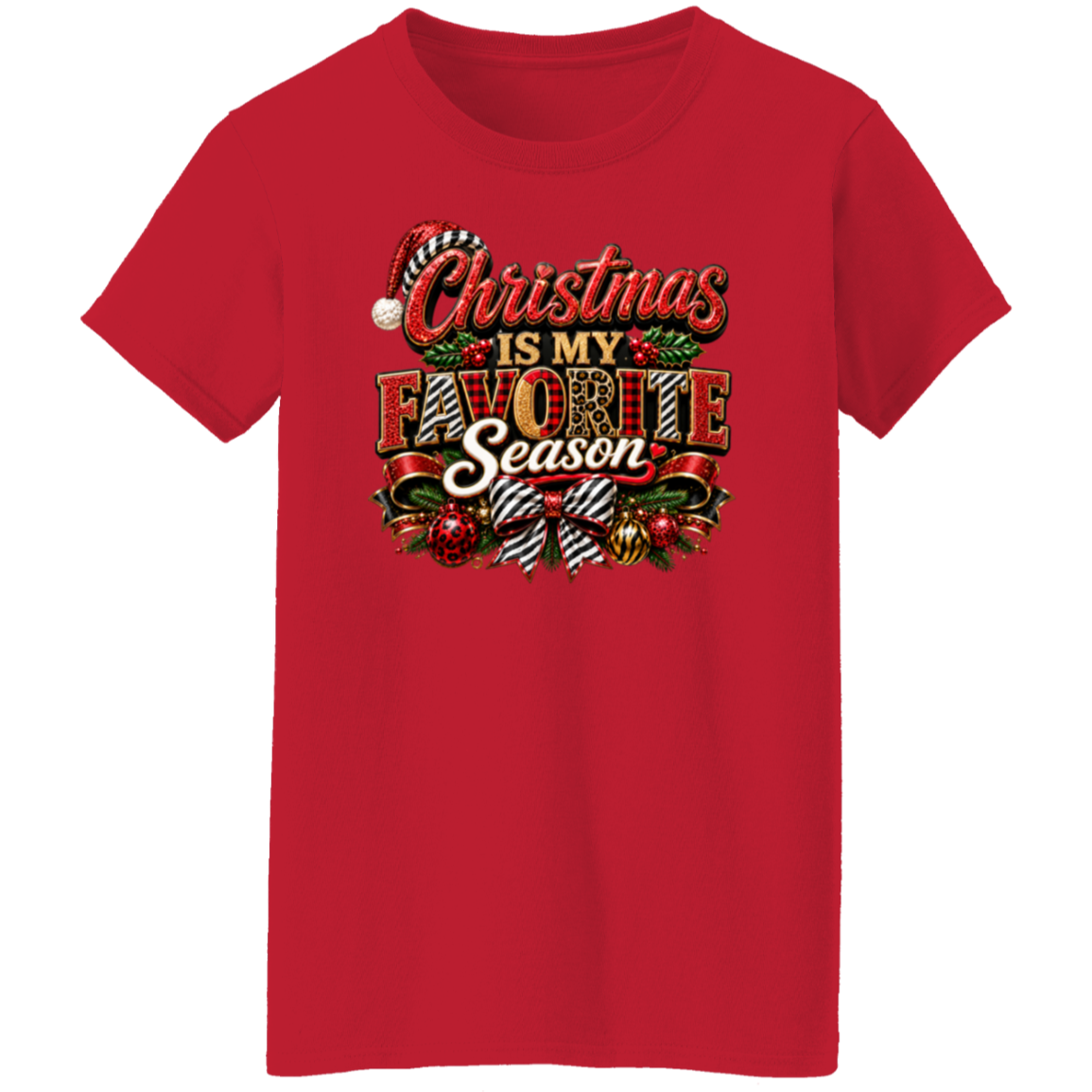Red ladies tee with Christmas Is My Favorite Season holiday design