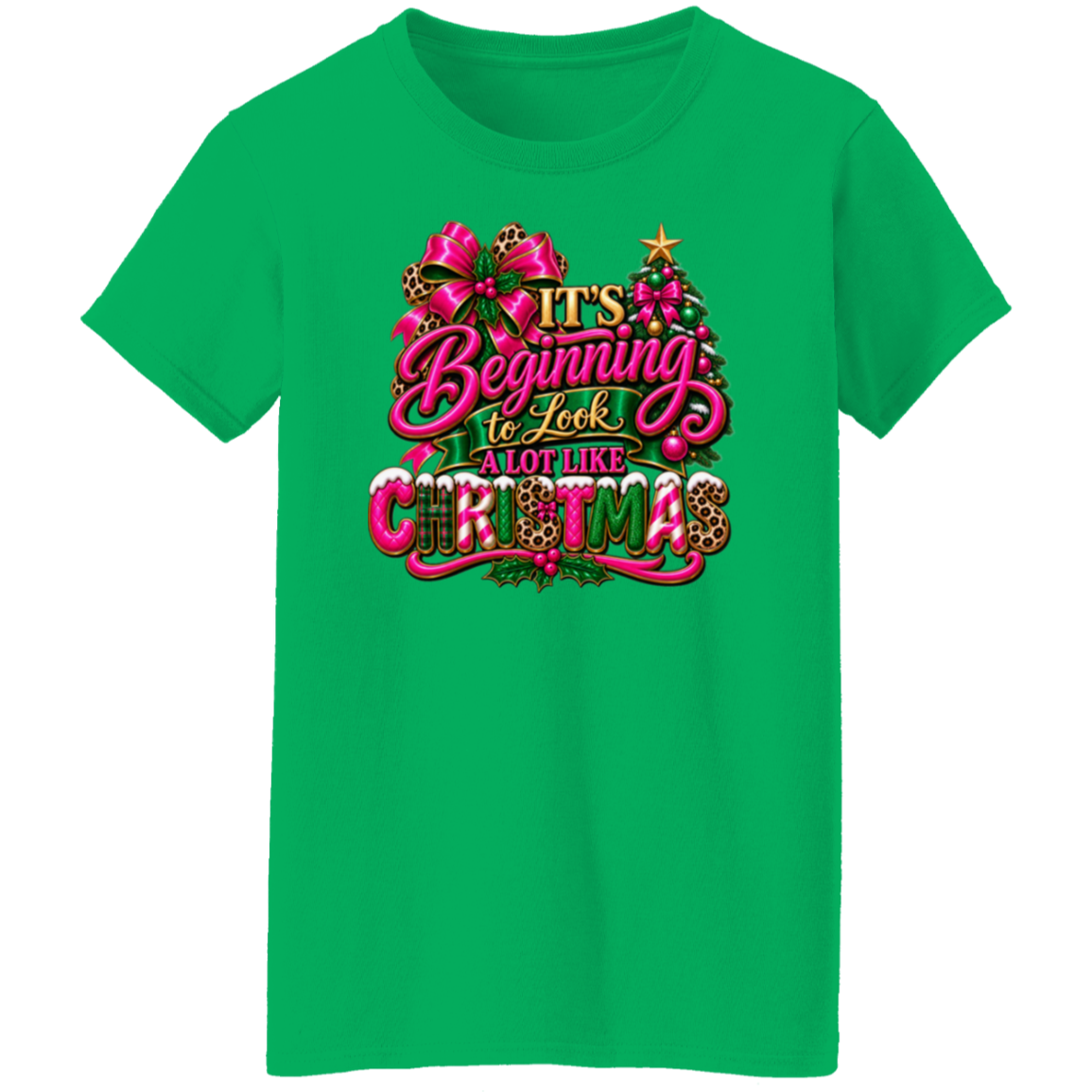 Irish Green ladies tee with It’s Beginning to Look a Lot Like Christmas design