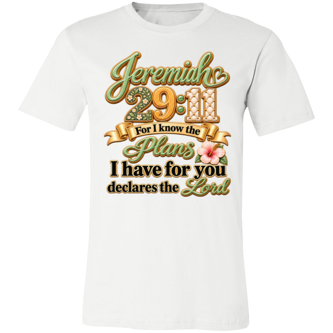 White tee with green-and-gold Jeremiah 29:11 floral scripture design