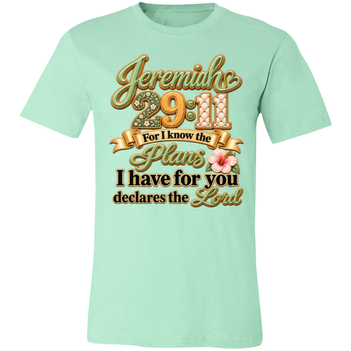Heather Mint tee with green-and-gold Jeremiah 29:11 floral scripture design