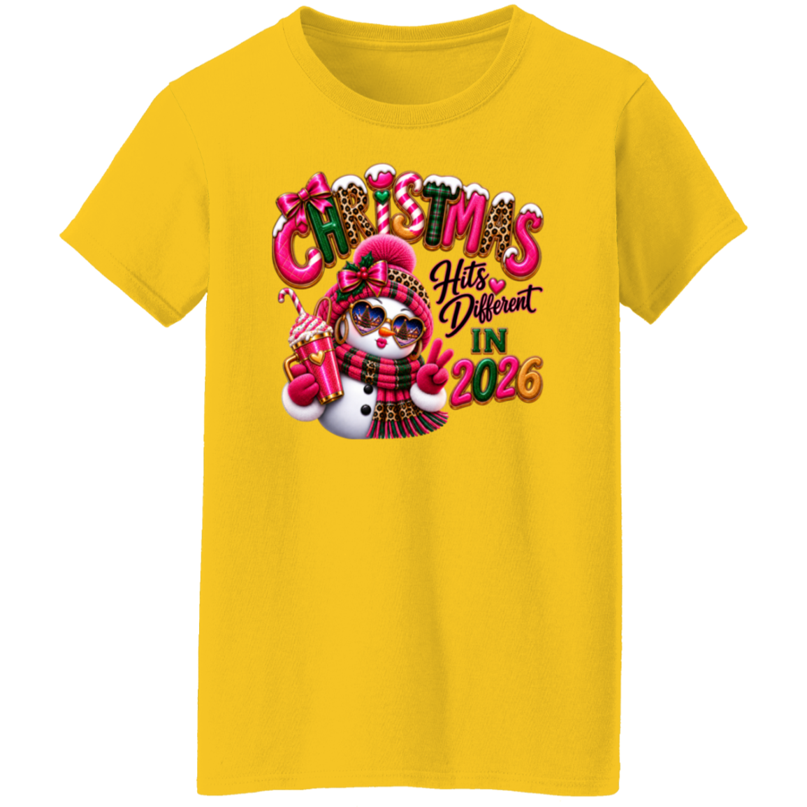 Daisy ladies tee with Christmas Hits Different in 2026 snowman design