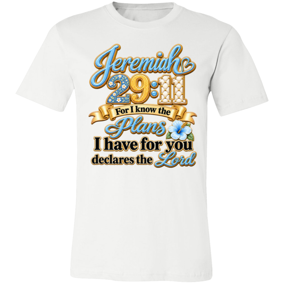 White tee with blue-and-gold Jeremiah 29:11 floral scripture design