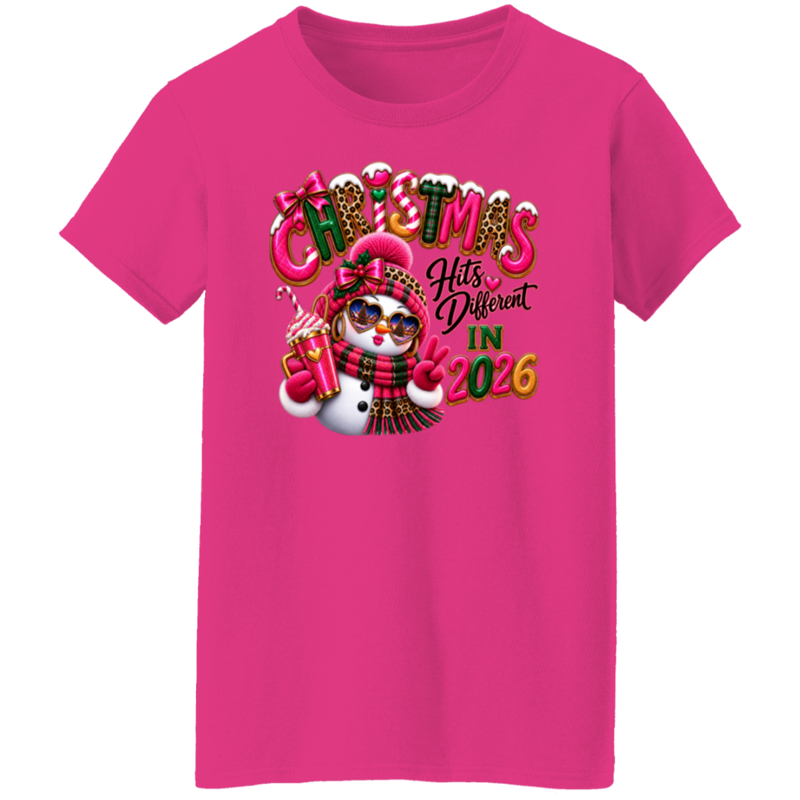 Heliconia ladies tee with Christmas Hits Different in 2026 snowman design