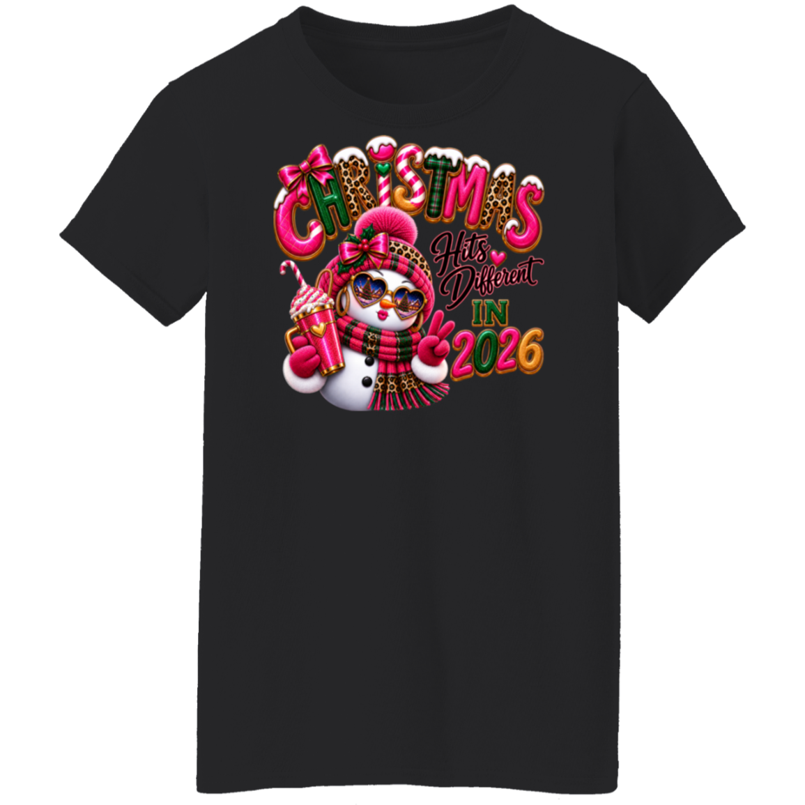 Black ladies tee with Christmas Hits Different in 2026 snowman design