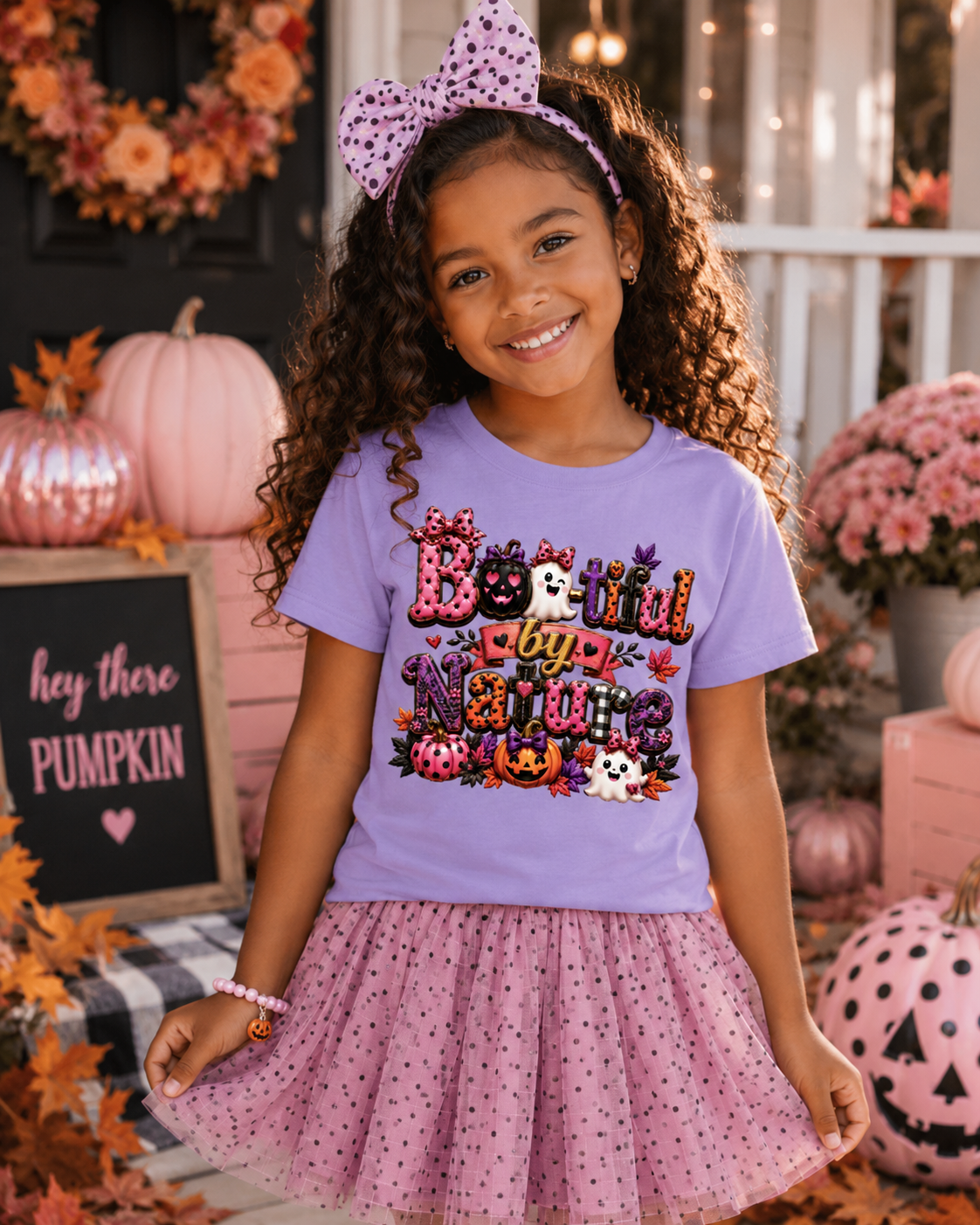 A young girl with curly hair wearing a lavender graphic t-shirt and a pink polka dot tutu skirt, posing in a decorated Halloween-themed setting with pumpkins and autumn decorations.