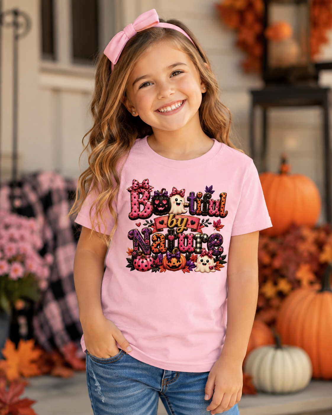 A young girl smiling in a pink short-sleeve graphic T-shirt with a 'Boo Tiful by Nature' Halloween design, paired with blue jeans and a pink bow headband, set against a decorated autumn porch background with pumpkins.