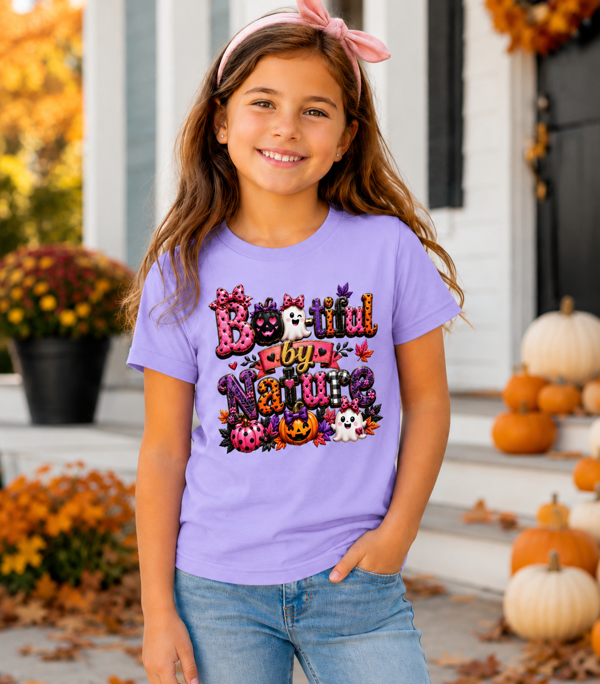 A young girl smiling in front of a decorated front porch wearing a lavender purple graphic t-shirt that reads 'Rustical by Nature' in a spooky autumn font with pumpkins, ladybugs, and ghosts, paired with blue jeans.