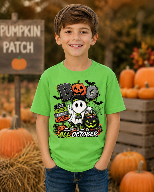 Boys Boo Crew All October Halloween T-shirt featuring a cool ghost in a cap, jack-o’-lantern candy bucket, bats, pumpkins, spiderwebs, and “Cool Kind & A Little Spooky” typography, available in multiple shirt colors including green, orange, heather gray, and charcoal.