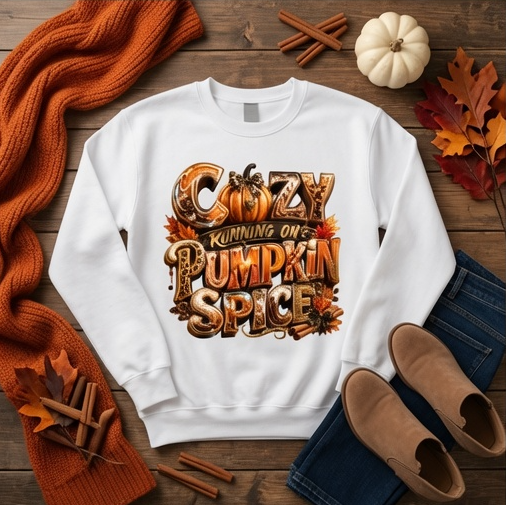 Cozy Running on Pumpkin Spice Fall Crewneck Sweatshirt | Comfort Colors Garment-Dyed Adult Crewneck Sweatshirt