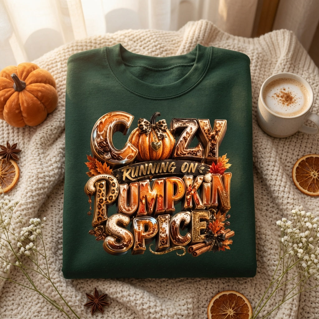 Cozy Running on Pumpkin Spice Fall Crewneck Sweatshirt | Comfort Colors Garment-Dyed Adult Crewneck Sweatshirt