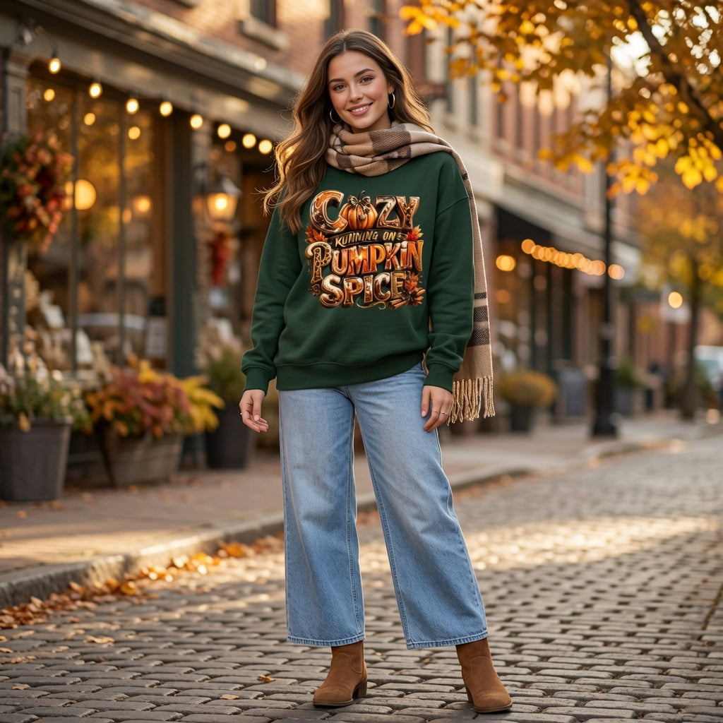 Cozy Running on Pumpkin Spice Fall Crewneck Sweatshirt | Comfort Colors Garment-Dyed Adult Crewneck Sweatshirt