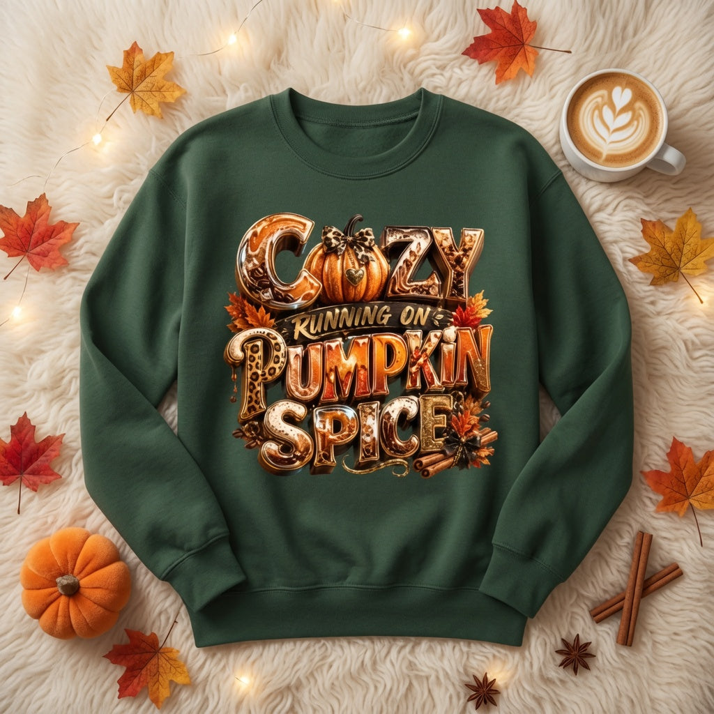 Cozy Running on Pumpkin Spice Fall Crewneck Sweatshirt | Comfort Colors Garment-Dyed Adult Crewneck Sweatshirt