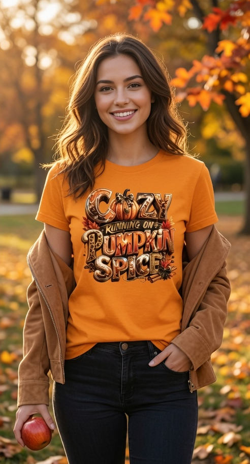Cozy Running on Pumpkin Spice Women’s Fall Graphic T-Shirt