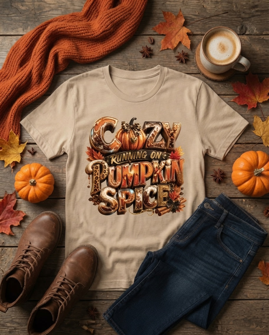 Cozy Running on Pumpkin Spice Women’s Fall Graphic T-Shirt