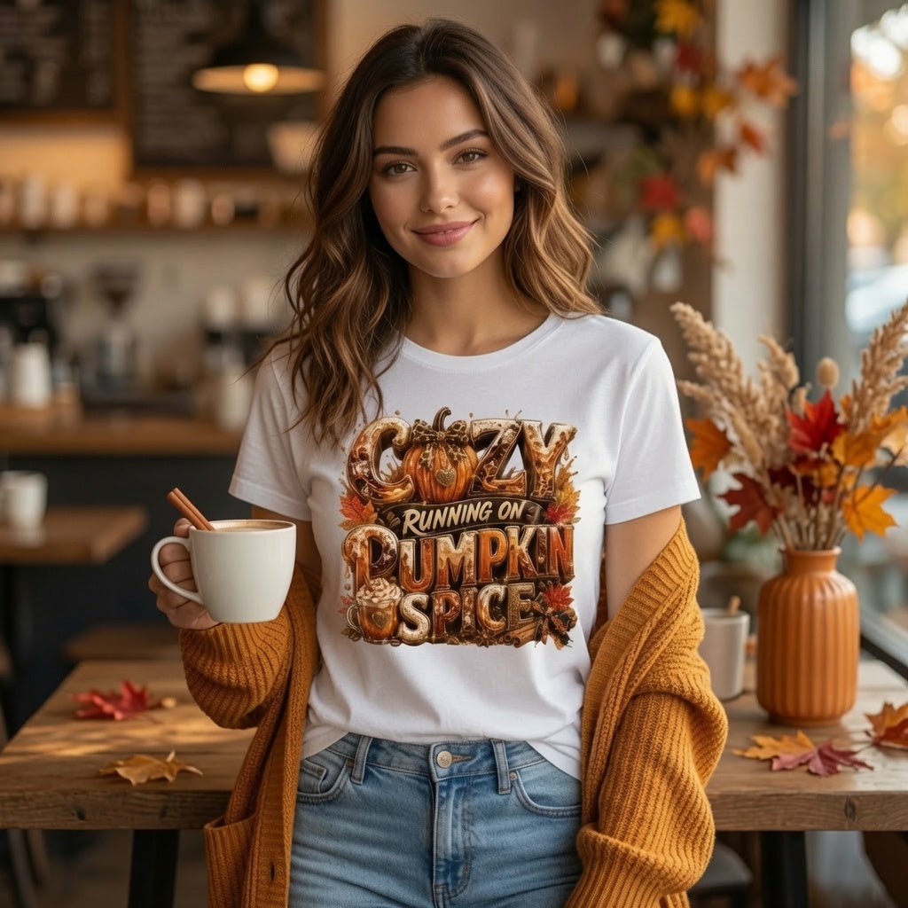 Cozy Running on Pumpkin Spice™ Premium Fall Graphic T-Shirt | Bella + Canvas Unisex Jersey Short-Sleeve T-Shirt