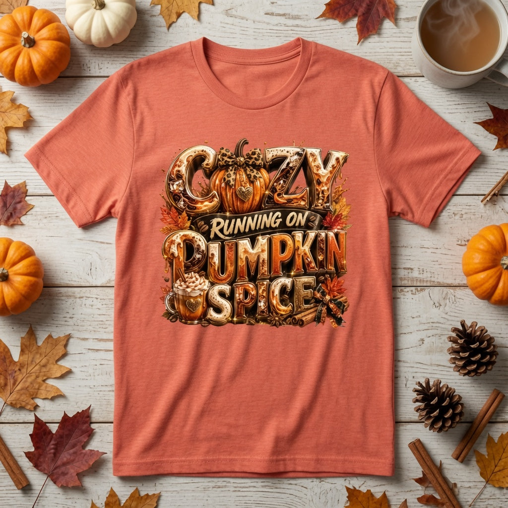 Cozy Running on Pumpkin Spice™ Premium Fall Graphic T-Shirt | Bella + Canvas Unisex Jersey Short-Sleeve T-Shirt