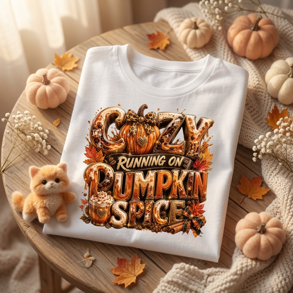 Cozy Running on Pumpkin Spice™ Premium Fall Graphic T-Shirt | Bella + Canvas Unisex Jersey Short-Sleeve T-Shirt