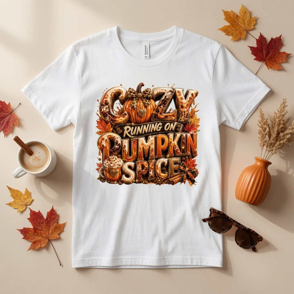 Cozy Running on Pumpkin Spice™ Premium Fall Graphic T-Shirt | Bella + Canvas Unisex Jersey Short-Sleeve T-Shirt