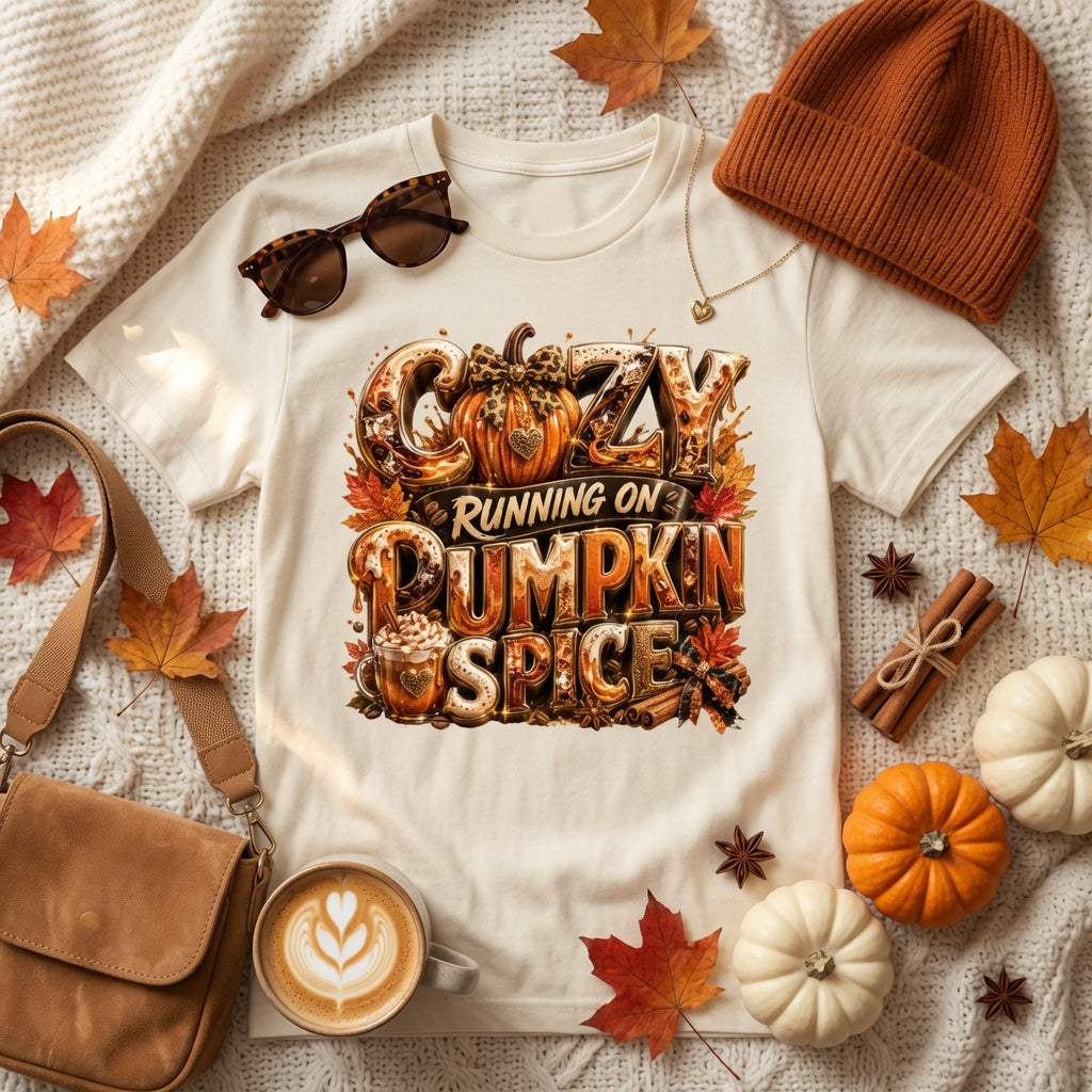 Cozy Running on Pumpkin Spice™ Premium Fall Graphic T-Shirt | Bella + Canvas Unisex Jersey Short-Sleeve T-Shirt