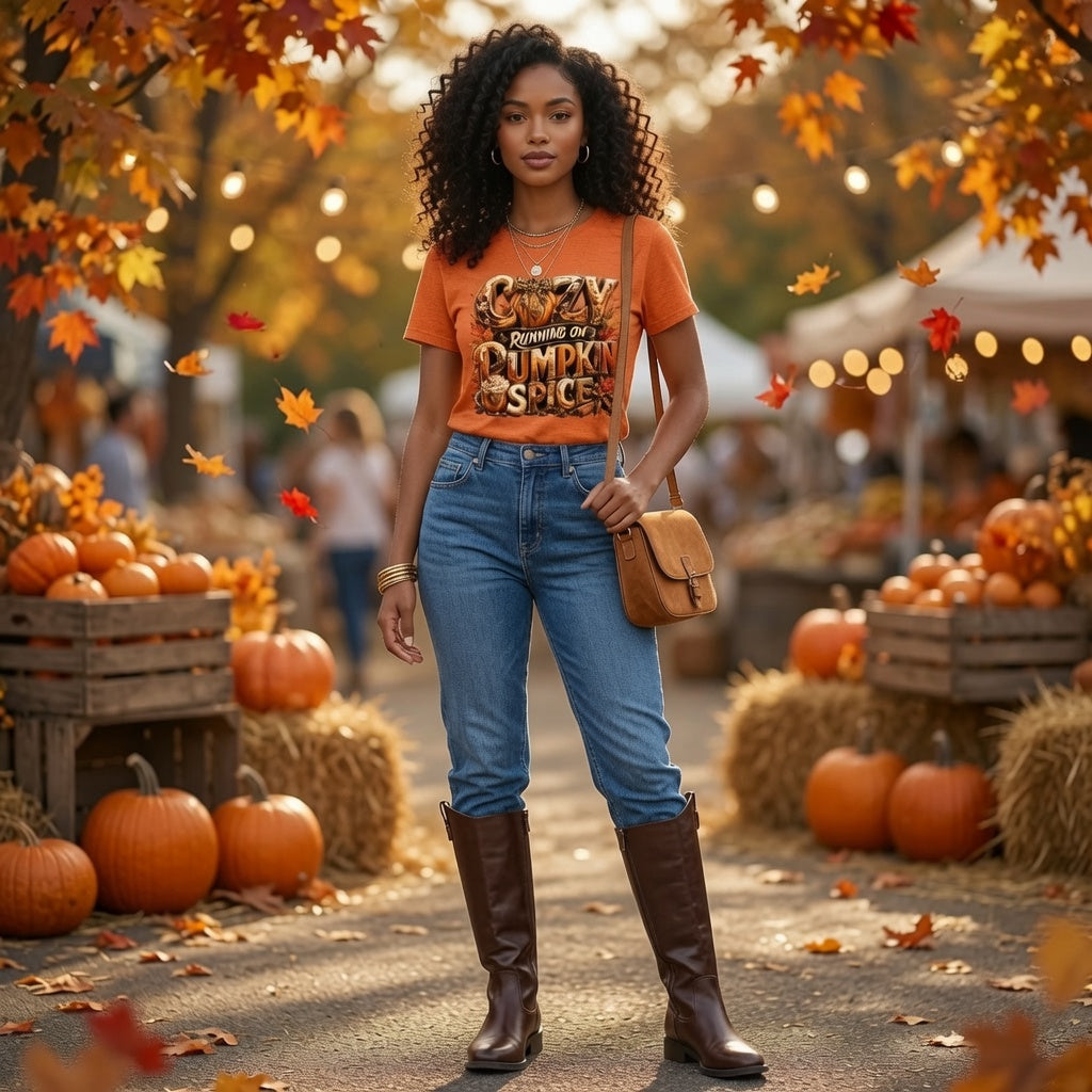 Cozy Running on Pumpkin Spice™ Premium Fall Graphic T-Shirt | Bella + Canvas Unisex Jersey Short-Sleeve T-Shirt