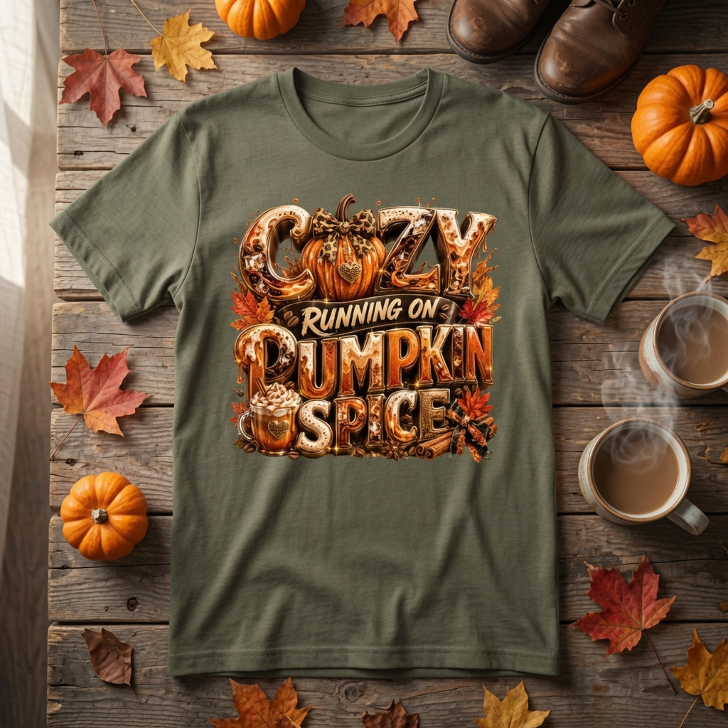 Cozy Running on Pumpkin Spice™ Premium Fall Graphic T-Shirt | Bella + Canvas Unisex Jersey Short-Sleeve T-Shirt