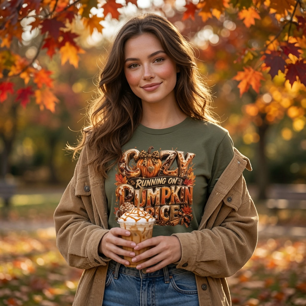 Cozy Running on Pumpkin Spice™ Premium Fall Graphic T-Shirt | Bella + Canvas Unisex Jersey Short-Sleeve T-Shirt