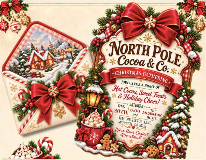 North Pole Cocoa & Co. Interactive Christmas Invitation | Editable Canva Website Template