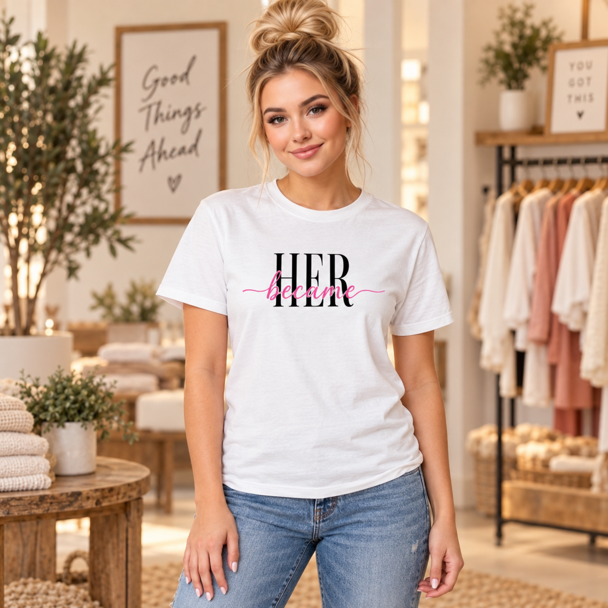became HER white tee on POP blonde model