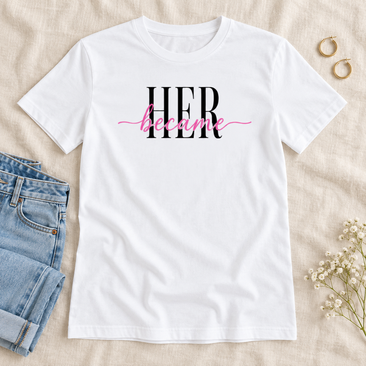 became HER white tee styled flat-lay