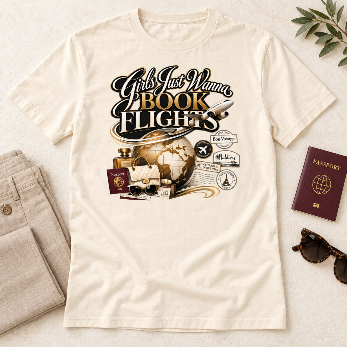 Black and Gold Girls Just Wanna Book Flights tee in natural, flat-lay