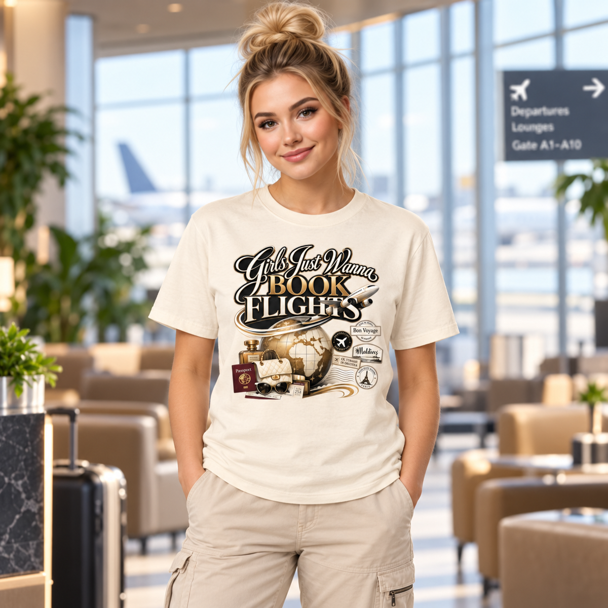Black and Gold Girls Just Wanna Book Flights tee in natural, model