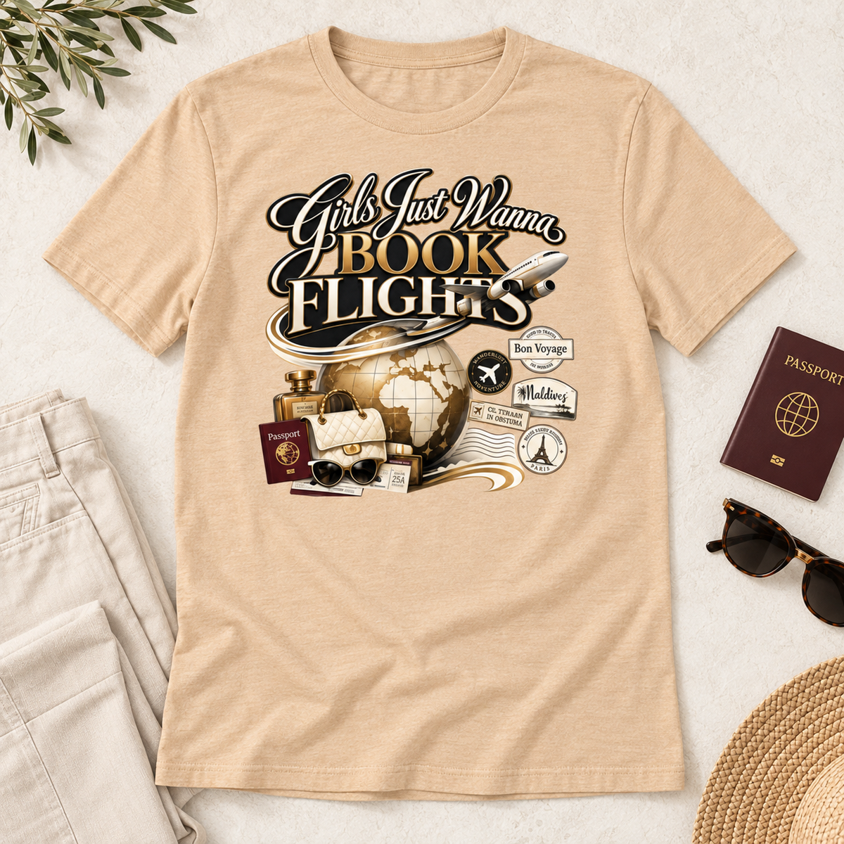 Black and Gold Girls Just Wanna Book Flights tee in sand-dune, flat-lay
