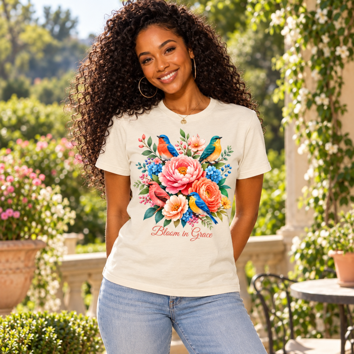 Bloom in Grace Natural tee on POP curly-haired model