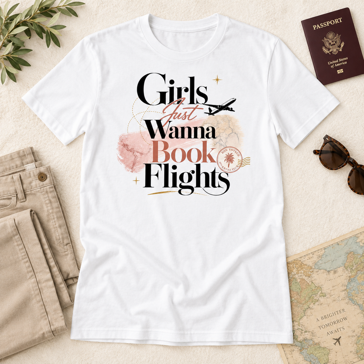 Girls Just Wanna Book Flights Blush and Black tee in white, flat-lay mockup