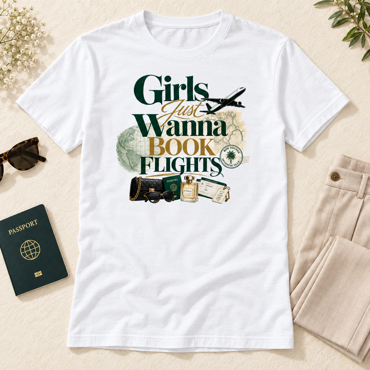 Emerald and Gold Girls Just Wanna Book Flights white tee flat-lay
