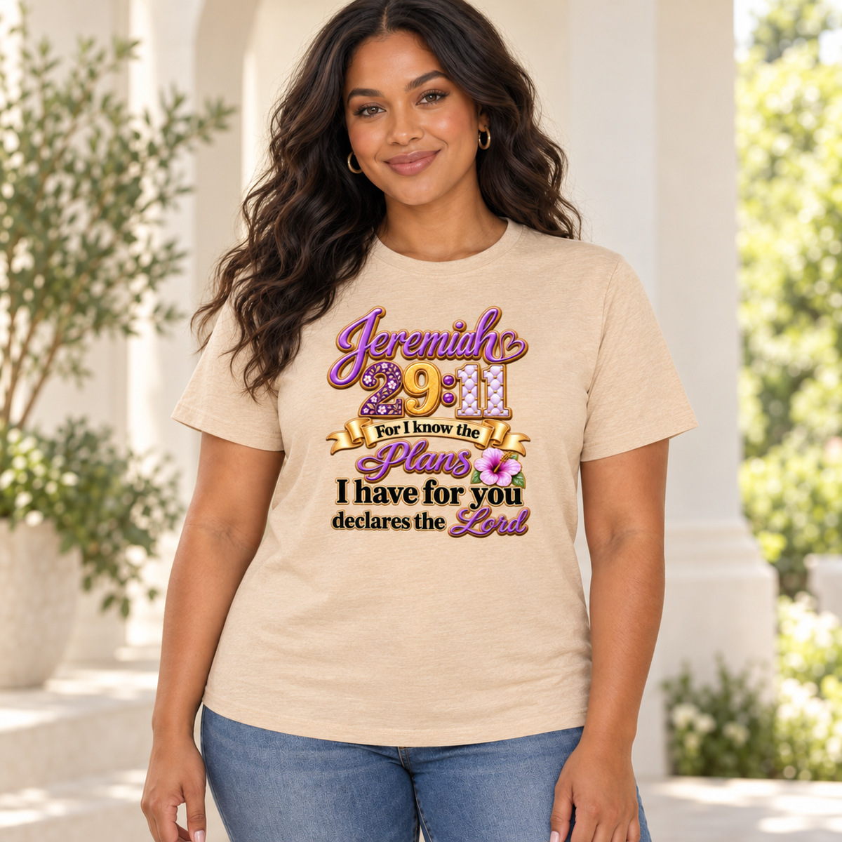 Jeremiah 29:11 Purple and Gold tee in Heather Sand Dune on approved POP model