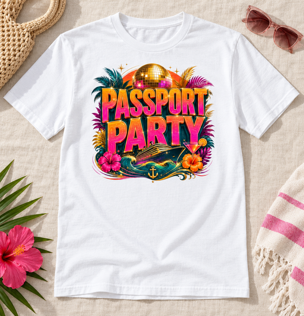 Passport Party tee in White, styled flat lay