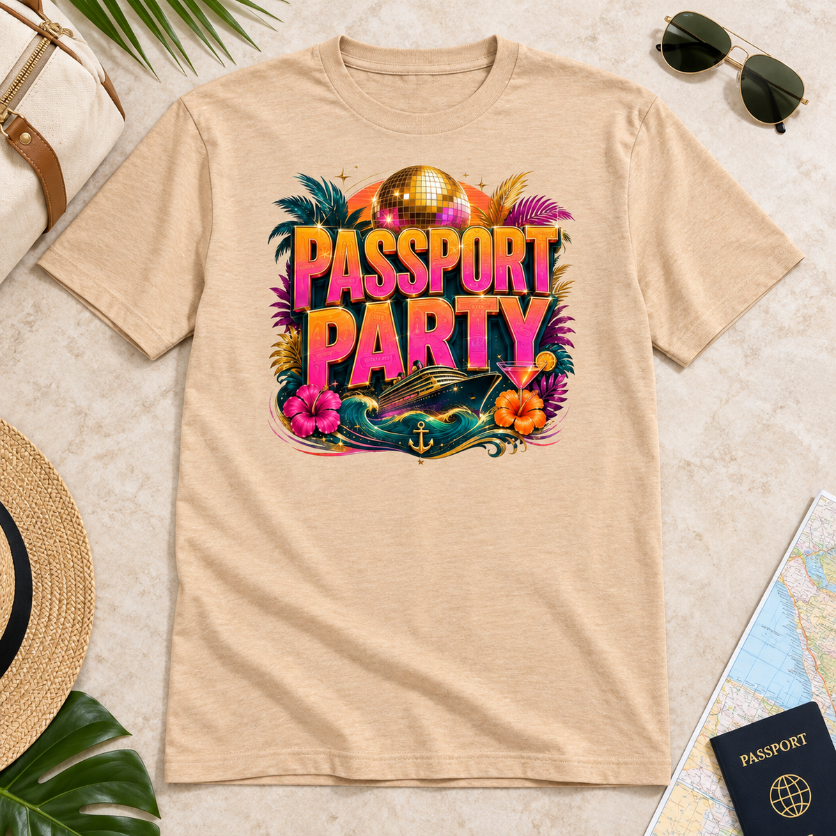 Passport Party tee in Heather Sand Dune, styled flat lay