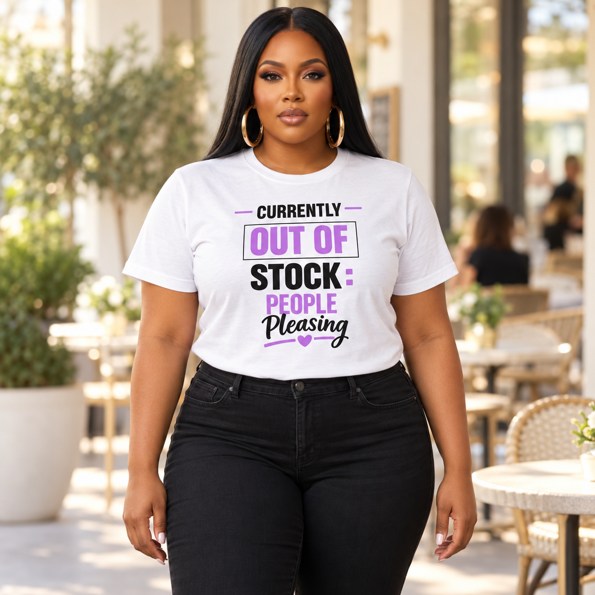 People Pleasing white tee on approved POP model